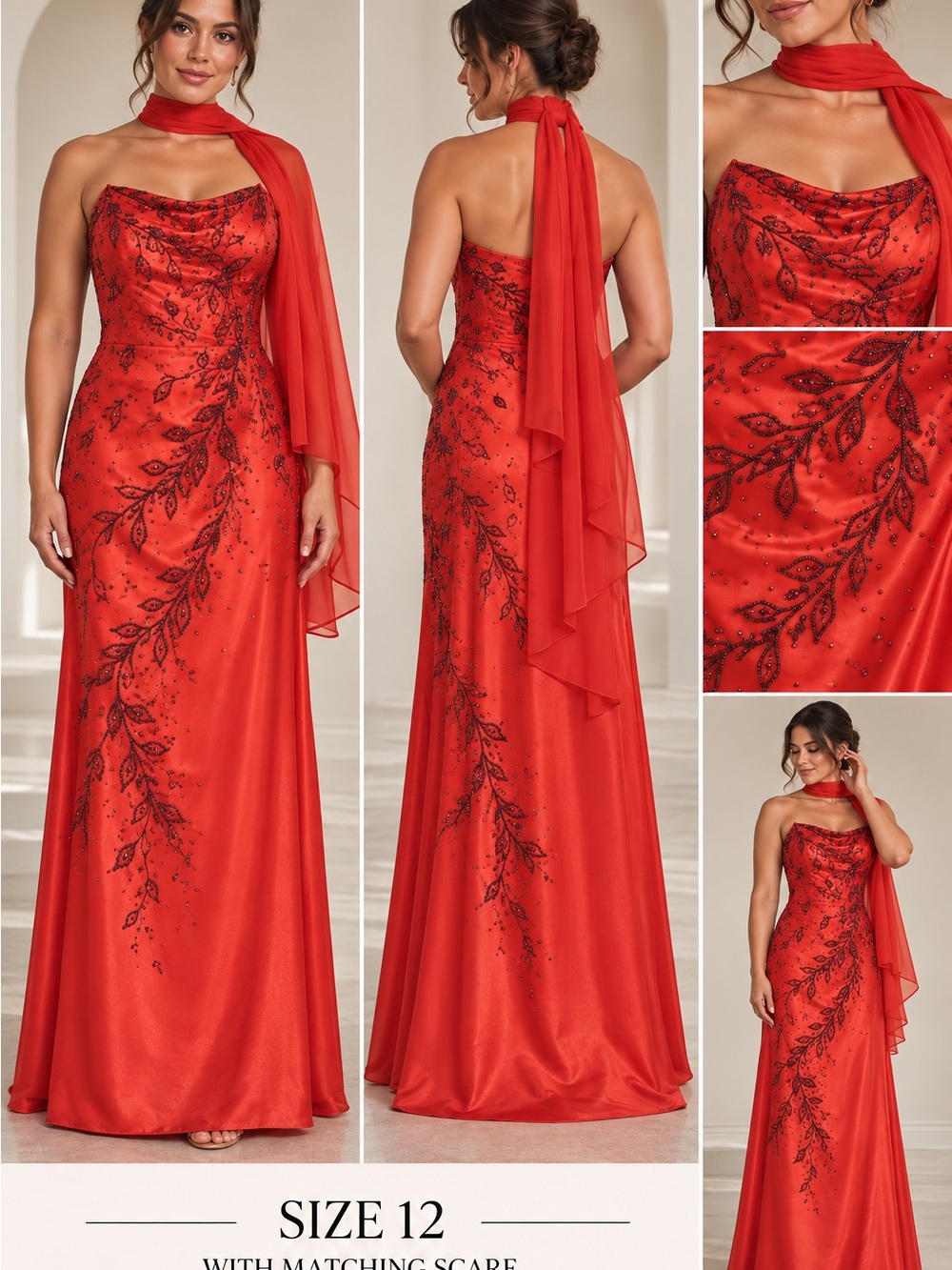 Elegant Red Beaded Evening Gown with Matching Scarf